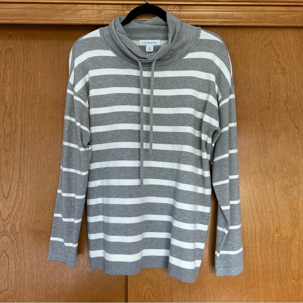 Liz Claiborne Grey & White Striped Cowl Neck Pullover Sweatshirt Size Medium